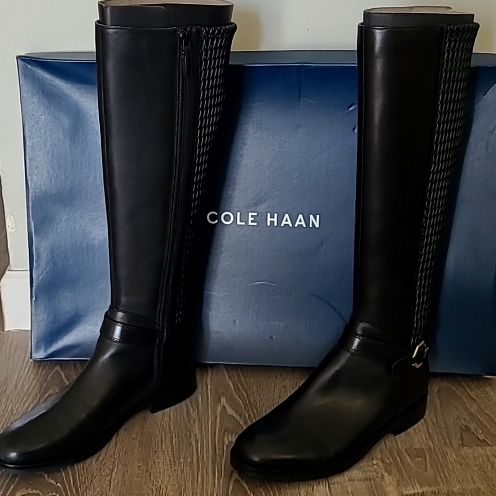 Black leather Cole Haan Leela Grand Riding boots with gold buckle